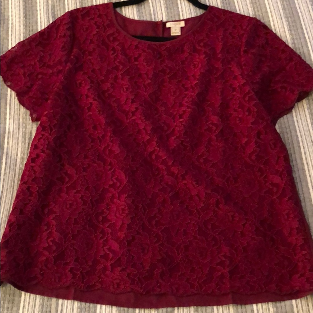 J. Crew Factory Red Lace Front T-Shirt Blouse